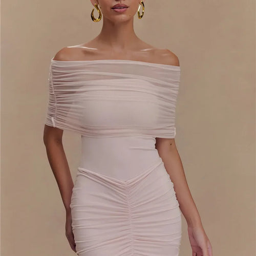 Load image into Gallery viewer, Mesh Strapless Off-shoulder Sexy Ruffled Mini Dress For Women Fashion Backless High Waist Female Ruched Party Dress
