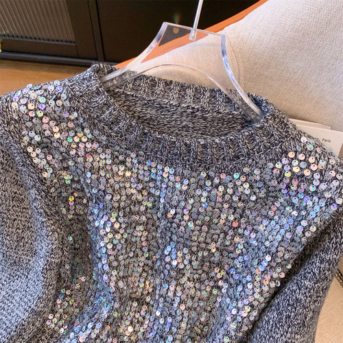 Load image into Gallery viewer, Women Sweet Sequins Short Sweater Casual Autumn Winter Basics Knitted Korean Loose O-neck Long Sleeve Elegance Pullover Tops New

