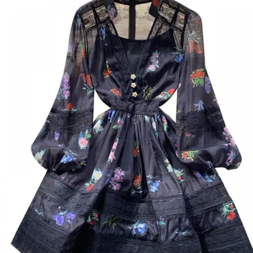 Load image into Gallery viewer, French Retro Women Black White Print Lace Patchwork Elegant Slim Long Sleeve Short Dress And Slip Dresses New Spring Autumn Boho
