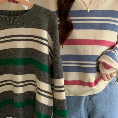 Load image into Gallery viewer, Spell Color Stripe Knitted Sweater Women Korean New Autumn Winter Wool Soft O-Neck Gray Apricot Pullover Women&#39;s Sweaters
