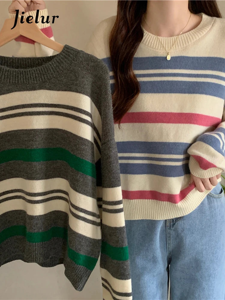 Spell Color Stripe Knitted Sweater Women Korean New Autumn Winter Wool Soft O-Neck Gray Apricot Pullover Women's Sweaters