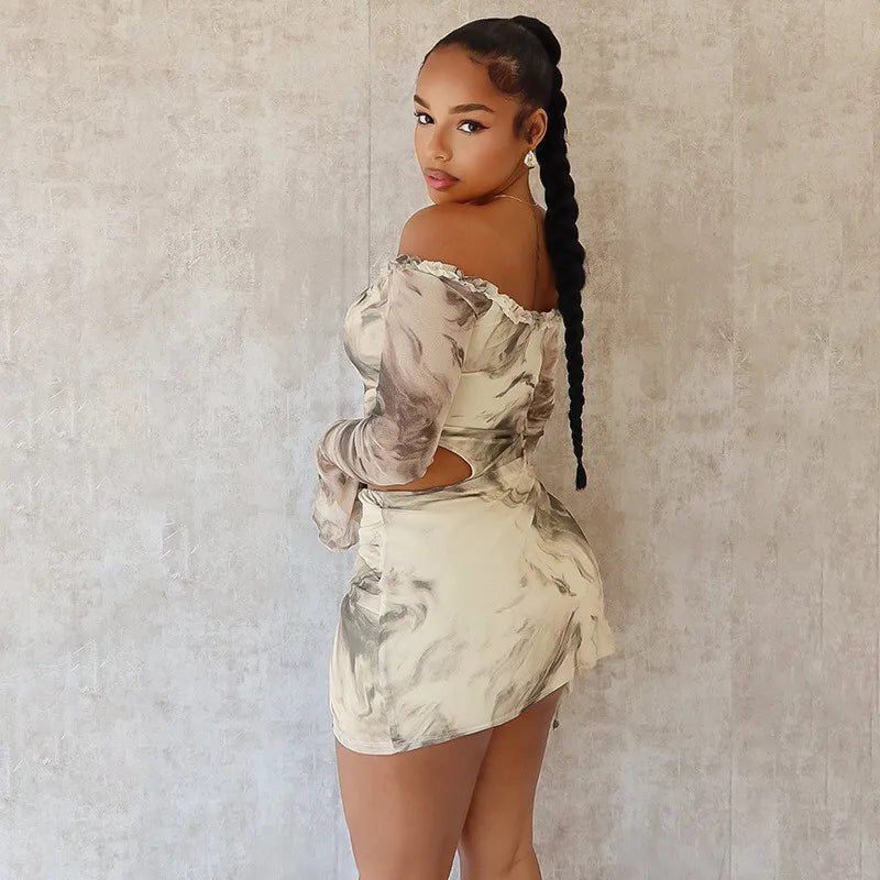 Hollow Out Print Sexy Mini Dress For Women Autumn New Off-shoulder Long Sleeve Bodycon Ruffled Slit Sexy Dress New