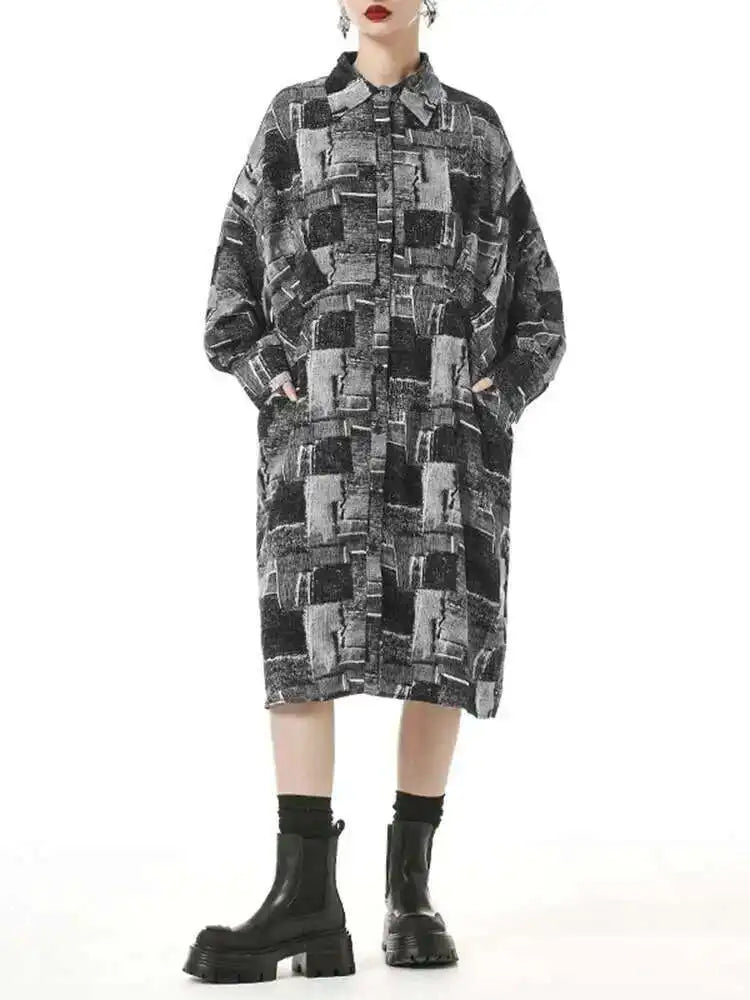 Women Black Pattern Printed Pocket Big Size Midi Shirt Dress New Lapel Long Sleeve Fashion Tide Spring Autumn 2025 1DH4102