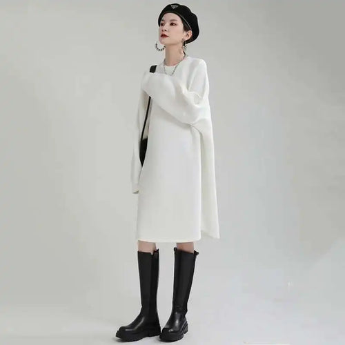 Load image into Gallery viewer, Women White Big Size Shaped Long Dress New Round Neck Long Sleeve Loose Fit Fashion Tide Spring Autumn 2025 1DE4098
