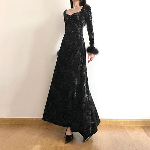 Load image into Gallery viewer, Fashion Elegant Jacquard Winter Dress Velour Faux Fur Trim A-Line Black Party Dress Evening Ladies Clothing Fold Slim
