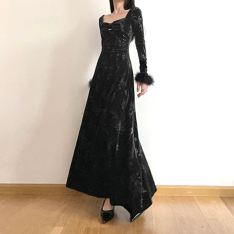 Fashion Elegant Jacquard Winter Dress Velour Faux Fur Trim A-Line Black Party Dress Evening Ladies Clothing Fold Slim