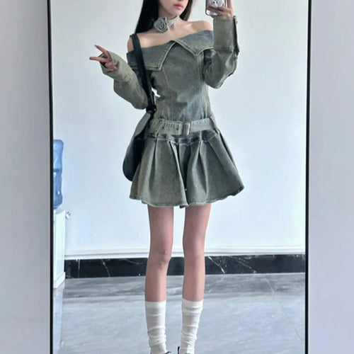 Load image into Gallery viewer, American Vintage Chic Slash Neck Long Sleeved Female Mini Dress Spring Basic Washed Fashion Denim Casual Simple Women Sexy Dress
