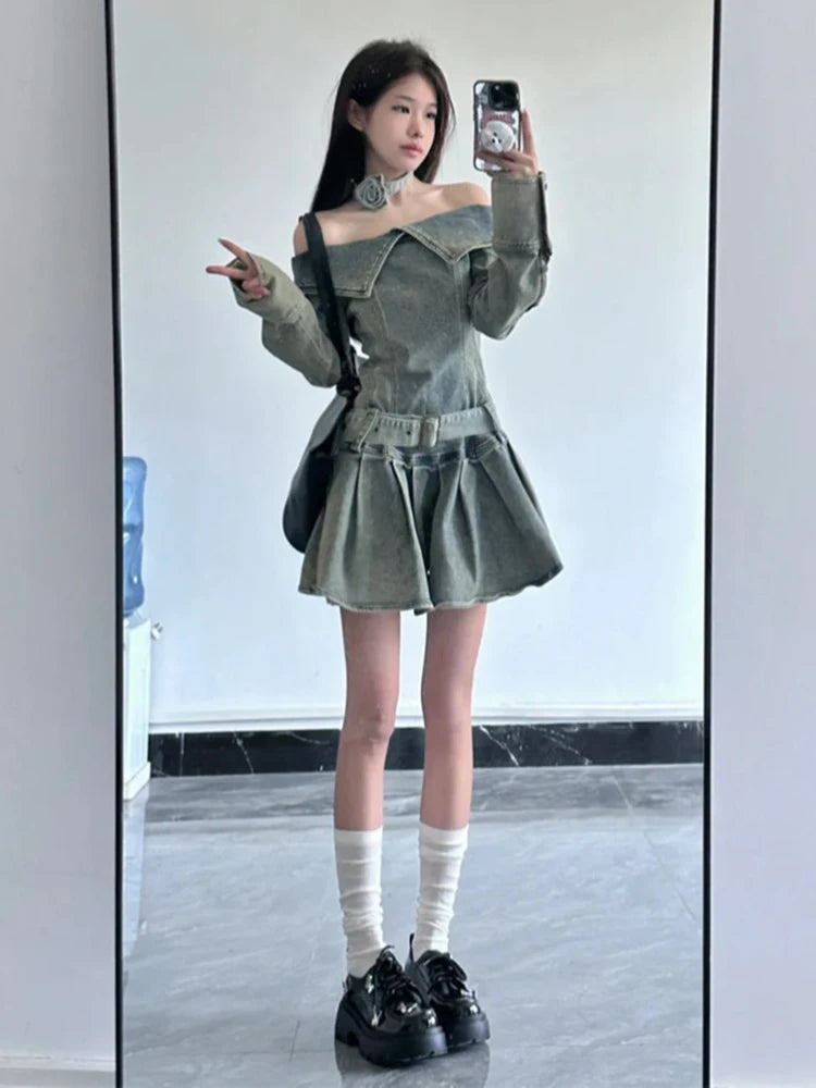 American Vintage Chic Slash Neck Long Sleeved Female Mini Dress Spring Basic Washed Fashion Denim Casual Simple Women Sexy Dress