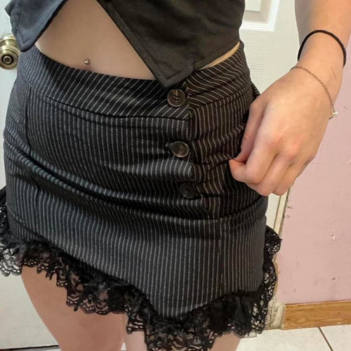 Load image into Gallery viewer, Fashion Chic Bodycon Stripe Mini Skirt Women Buttons Y2K Aesthetic Hot Lace Patchwork Summer Skirts Gothic Dark Cute
