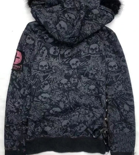 Goth Skull Print Y2k Hoodies Jackets Women Vintage Harajuku Coat Aesthetic Grunge Fur Patchwork Hooded Jacket Fairy Zipper Coat