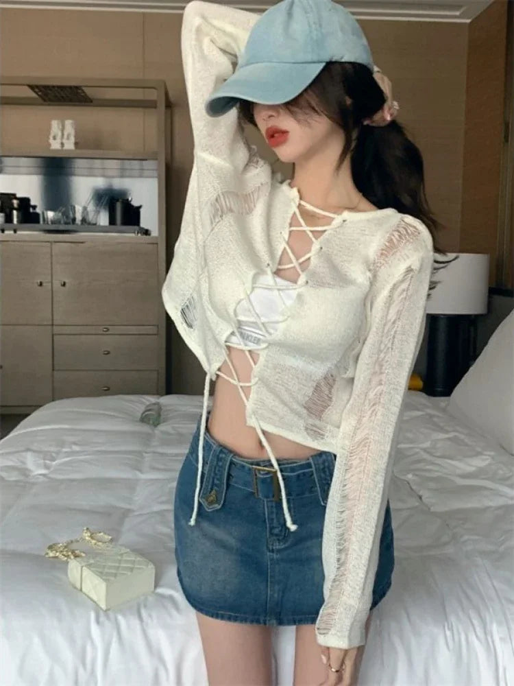 Y2K Holes Knitted Cardigans Two Side Wear Retro Harajuku Sexy Cropped Jumpers Women Full Sleeve Bandage Outwear Autumn Grunge