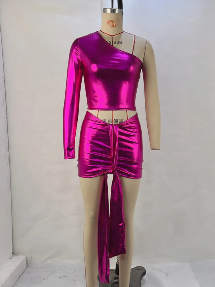 Fashion Sexy One Shoulder Set Women Top Wrap Hip Short Skirt Lace up Spicy Girls Two Piece Set Tight Party Nightclub2024