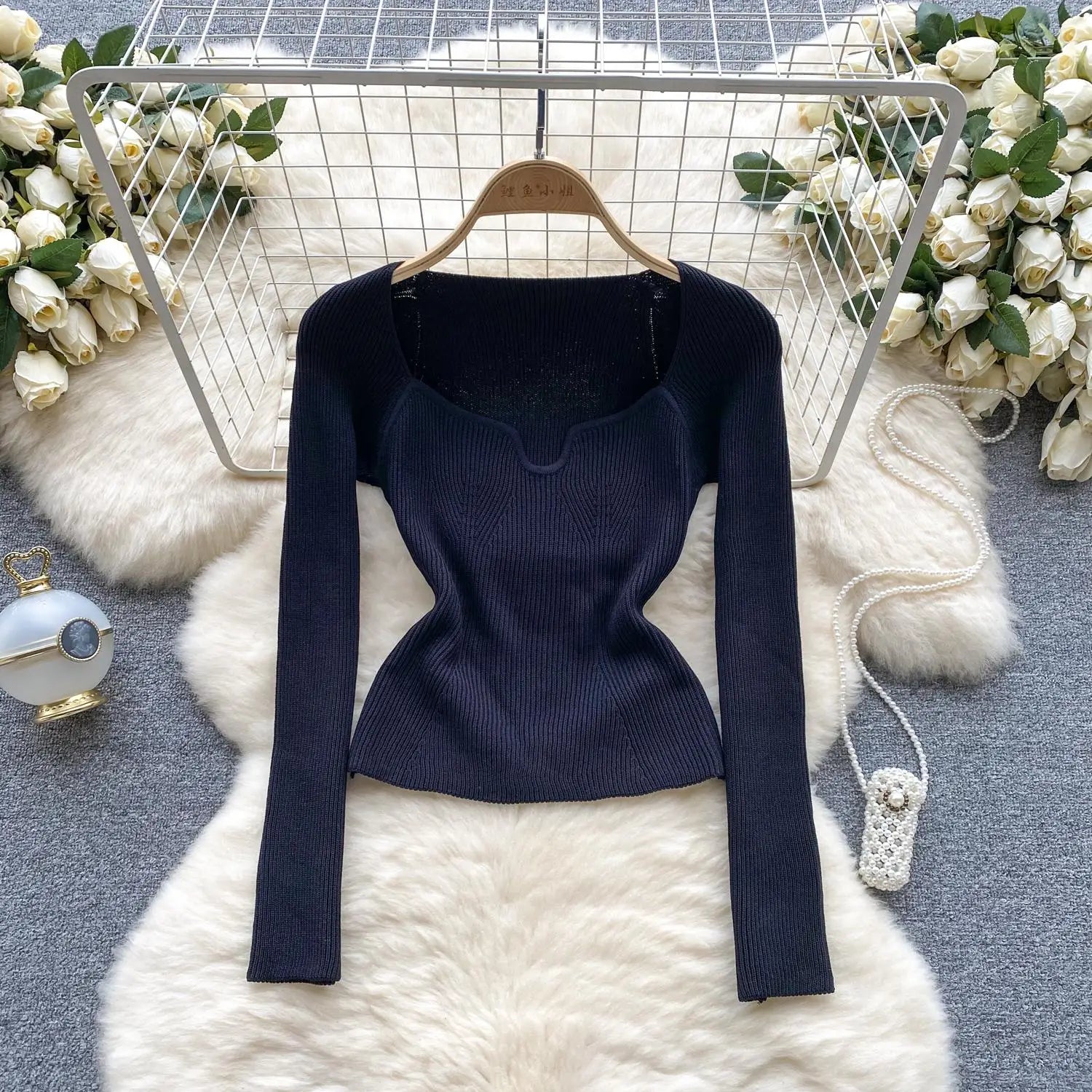 Fashion Solid Knitted Square Collar Long Sleeves Slim Fit Tops Women France Autumn Office Lady Elegant Pullover Sweater Popular