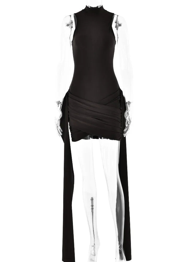 Elegant Sleeveless High Neck Elastic Slim Lace Up Dress Women Tight Party Club Evening Dress Elegant Short Dress Vestido