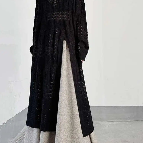 Load image into Gallery viewer, Women Black Big Size  Hollow Out Long Sweater Dress New Round Neck Long Sleeve Fashion Tide Spring Autumn 2025 1DJ0404
