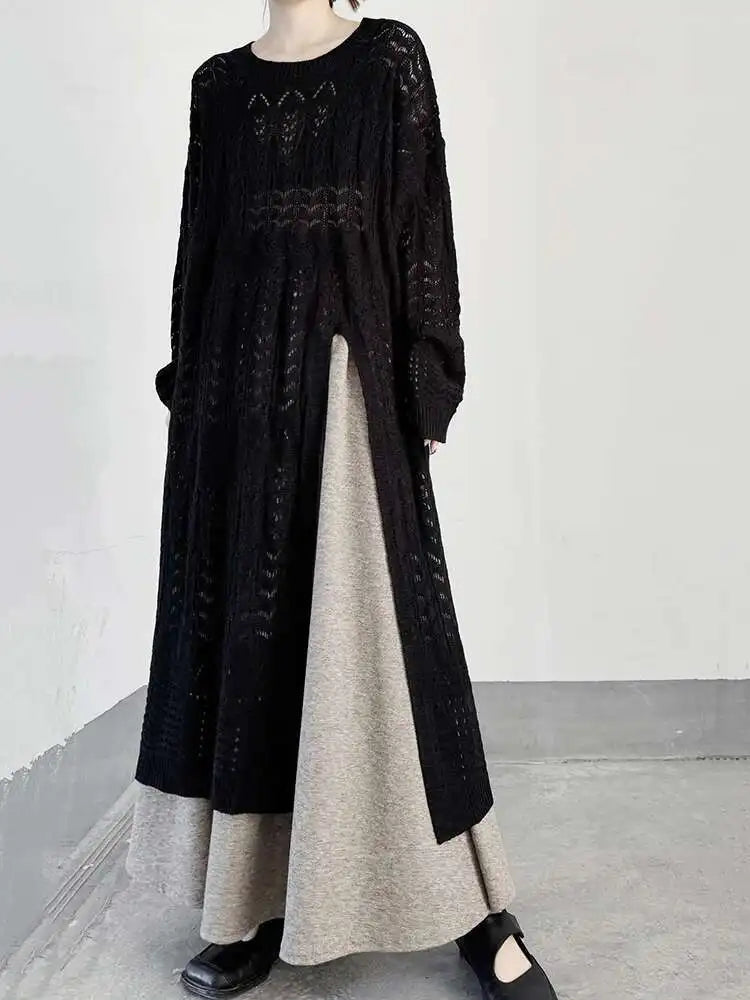 Women Black Big Size  Hollow Out Long Sweater Dress New Round Neck Long Sleeve Fashion Tide Spring Autumn 2025 1DJ0404