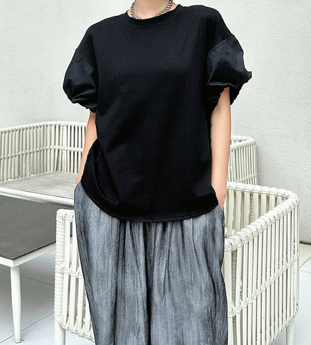 Women Black Drawstring Big Size Casual T-shirt New Round Neck Short Sleeve Fashion Tide Spring Summer 2025 1DJ1889