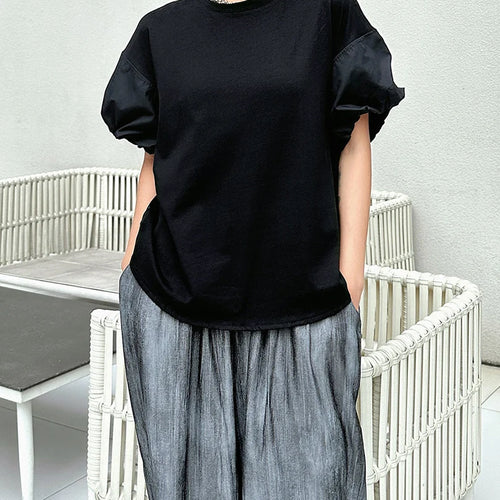 Load image into Gallery viewer, Women Black Drawstring Big Size Casual T-shirt New Round Neck Short Sleeve Fashion Tide Spring Summer 2025 1DJ1889
