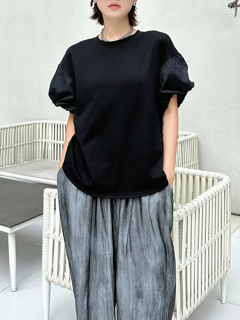 Women Black Drawstring Big Size Casual T-shirt New Round Neck Short Sleeve Fashion Tide Spring Summer 2025 1DJ1889