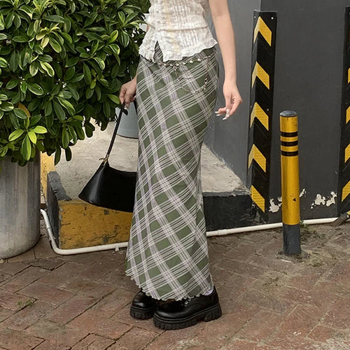 Load image into Gallery viewer, Y2K Green Frill Low Waist Long Plaid Skirt Female Harajuku 2000s Aesthetic Mesh Skirt Two Layer Chic Fairycore Bottom
