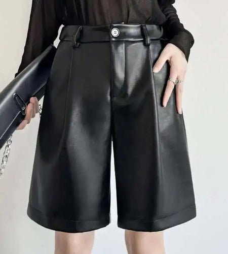 Women Black Pu Leather Shaped Elegant Wide Leg Shorts New High Waist Trousers Fashion Tide Spring Summer 2025 1DH7655