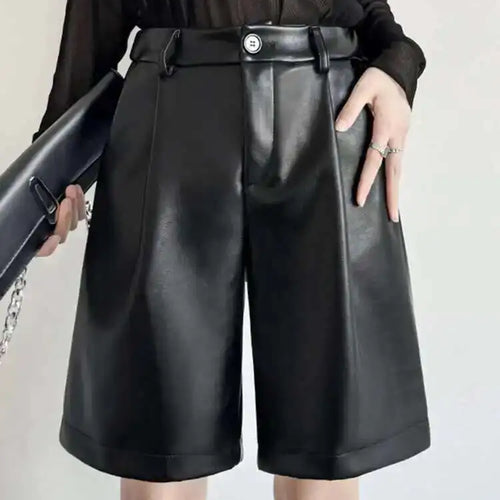 Load image into Gallery viewer, Women Black Pu Leather Shaped Elegant Wide Leg Shorts New High Waist Trousers Fashion Tide Spring Summer 2025 1DH7655
