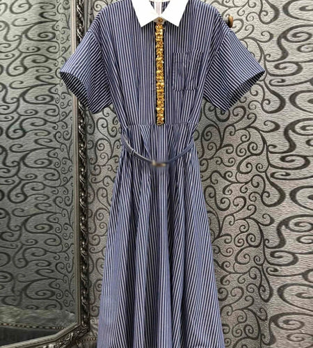 Hit Color Spliced Diamonds Dresses For Women Lapel Short Sleeve High Waist Temperament Long Dress Female Fashion