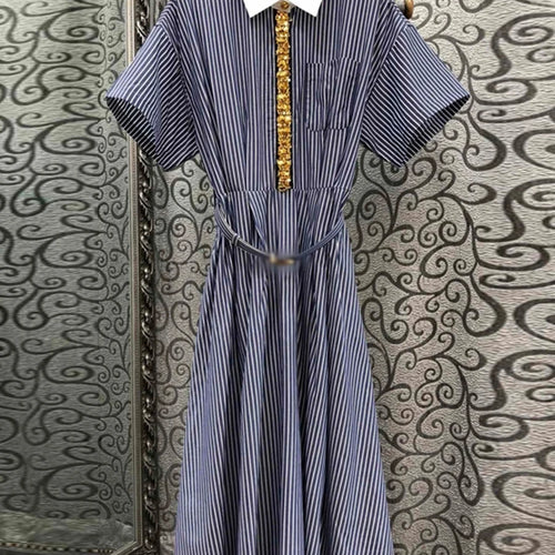 Load image into Gallery viewer, Hit Color Spliced Diamonds Dresses For Women Lapel Short Sleeve High Waist Temperament Long Dress Female Fashion
