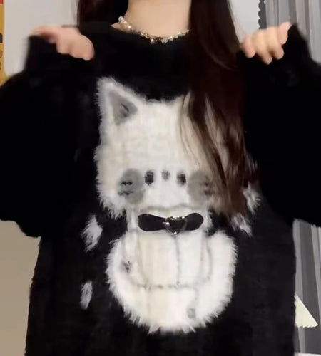2025 Harajuku Black Cartoon Cat Knitted Soft Sweater Women Autumn Vintage Streetwear Tops Loose Grunge Y2k Aesthetic Pull Femme
