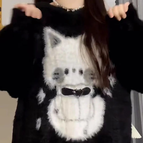 Load image into Gallery viewer, 2025 Harajuku Black Cartoon Cat Knitted Soft Sweater Women Autumn Vintage Streetwear Tops Loose Grunge Y2k Aesthetic Pull Femme
