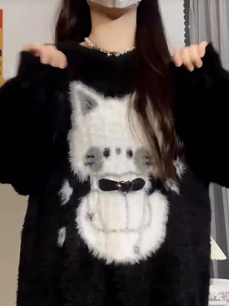 2025 Harajuku Black Cartoon Cat Knitted Soft Sweater Women Autumn Vintage Streetwear Tops Loose Grunge Y2k Aesthetic Pull Femme