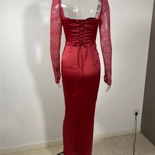 Load image into Gallery viewer, Backless Long Sleeve Sexy Maxi Dress For Women Solid Square Collar Lace-up Back Split Bodycon Club Long Dress Elegant
