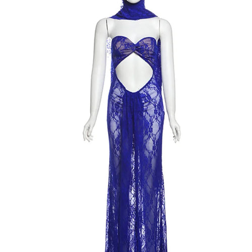 Load image into Gallery viewer, Lace See Through Strapless Sexy Maxi Dress For Women Gown Halter Hollow Out Sleeveless Backless High Split Long Dress
