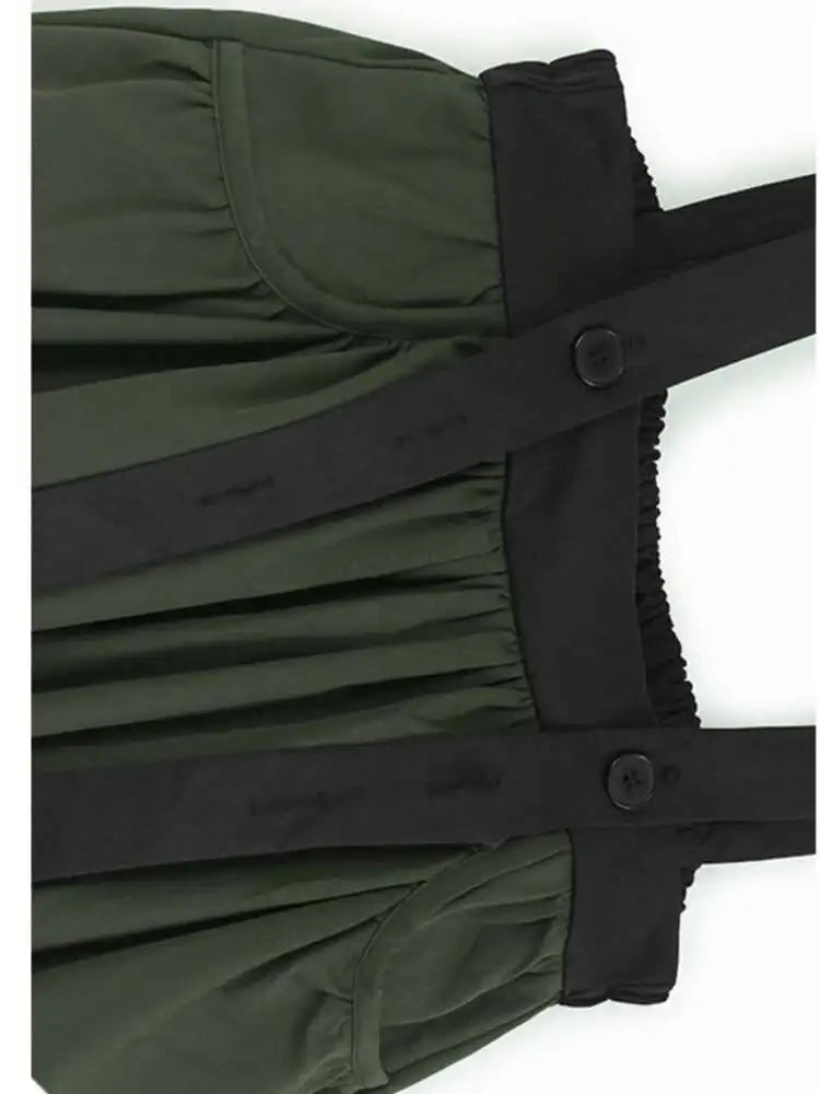 High Elastic Waist Black Green Color-block Pleated Strap Half-body Skirt Women Fashion Tide New Spring Autumn 2025 1DH9289