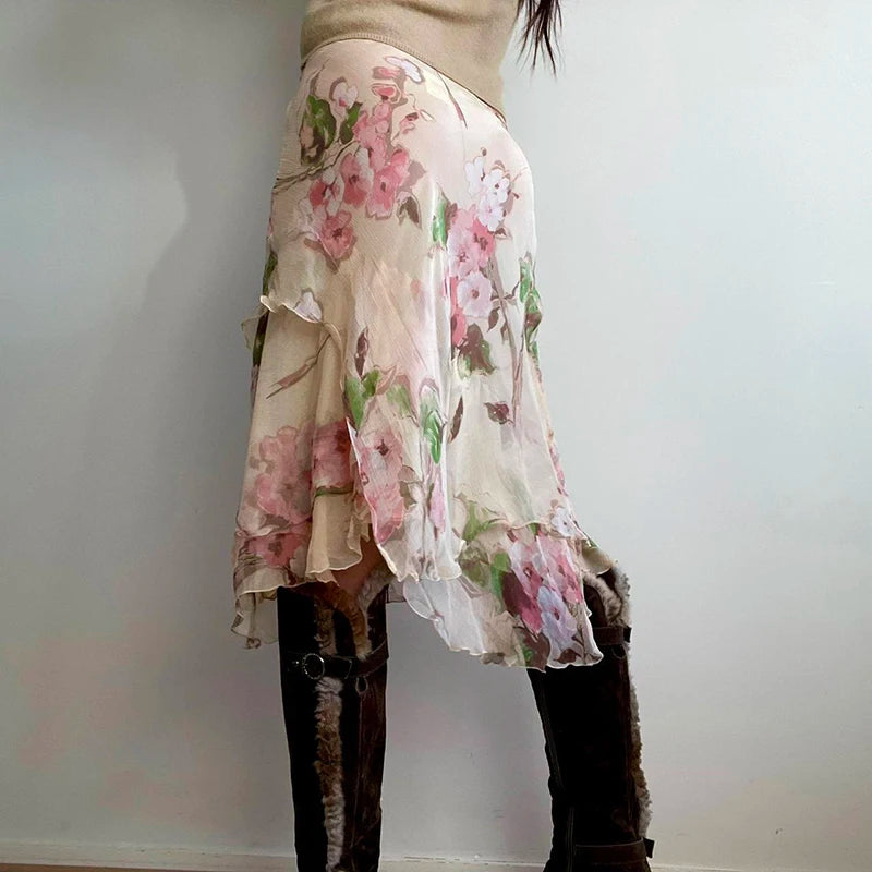 Vintage Floral Printed Asymmetric Hem Skirts Low Waist Slimming Holiday Mesh Summer Skirt Women Fashion Bottoms 2025
