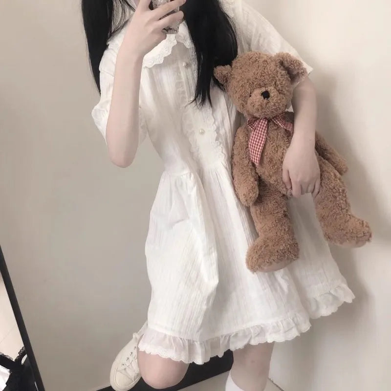 Kawaii White Lolita Dress Women Soft Girl Sweet Princess Ruffle Elegant Dresses Peter Pan Colalr Button Summer