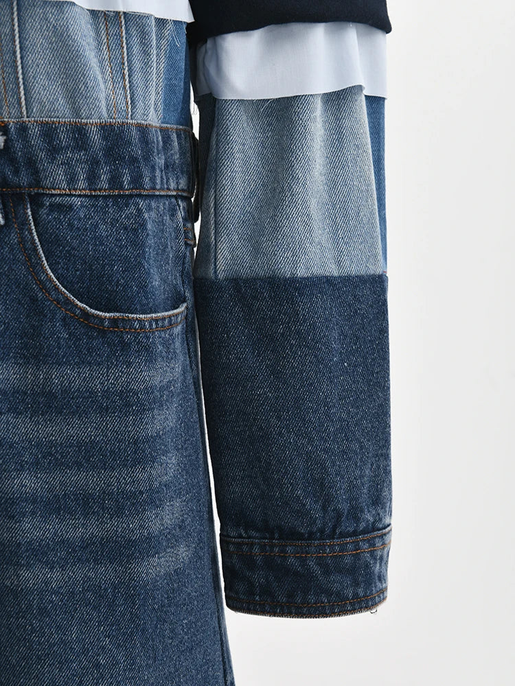 Women Blue Denim Color-block Big Size Trench New Lapel Long Sleeve Windbreaker Fashion Tide Spring Autumn 2025 1DH2825