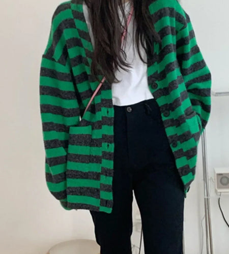 Contrast Color Long Cardigan Women Vintage Loose Striped Knitted Coats Grunge Fashion Y2k Aesthetic Autumn Jacket Female Jumper