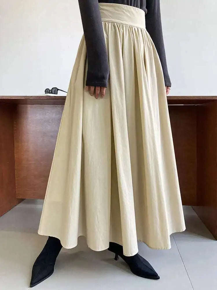 High Waist Apricot Brown Pleated Long Casual A-line Half-body Skirt Women Fashion Tide New Spring Autumn 2025 1DF5093