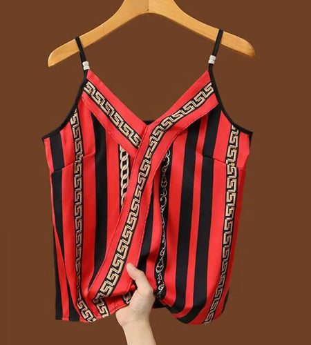 Korean Women Yellow Blue Red Print Stripe V-neck Tank Tops Summer Sleeveless Versatile Backless Short Vest Clothing Fashion Boho