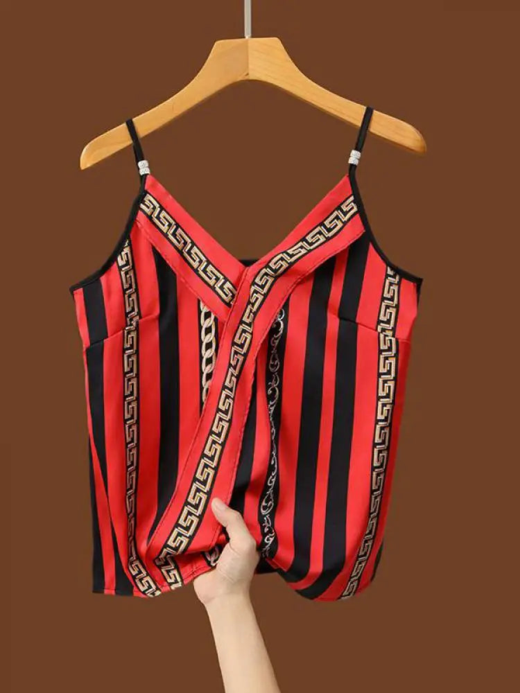 Korean Women Yellow Blue Red Print Stripe V-neck Tank Tops Summer Sleeveless Versatile Backless Short Vest Clothing Fashion Boho