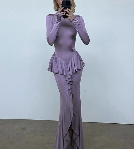 Backless Ruffled Sexy Maxi Dress For Women Gown Fashion O Neck Long Sleeve Thigh High Split Evening Long Dress Elegant