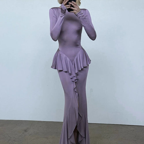 Load image into Gallery viewer, Backless Ruffled Sexy Maxi Dress For Women Gown Fashion O Neck Long Sleeve Thigh High Split Evening Long Dress Elegant

