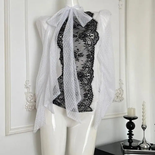 Load image into Gallery viewer, Autumn Women French Black White Dot Patchwork Lace Bow Lace-up Top Vintage Temperament Long Sleeve Zipper Clothing Popular Trend
