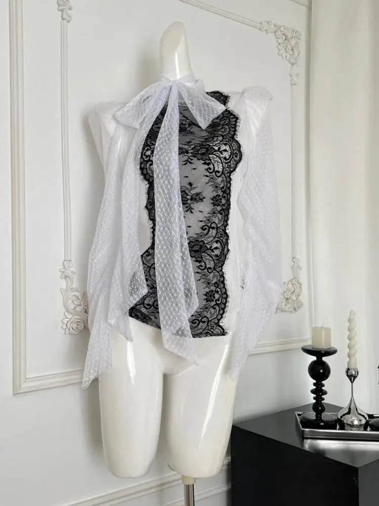 Autumn Women French Black White Dot Patchwork Lace Bow Lace-up Top Vintage Temperament Long Sleeve Zipper Clothing Popular Trend