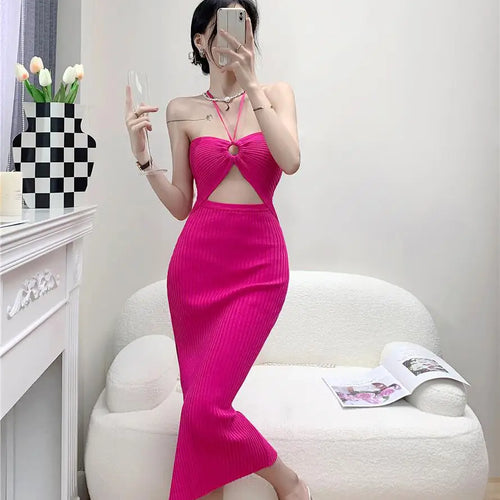 Load image into Gallery viewer, Women's Solid Elegant Sexy Club Slim Hollow Out Halter Lace-up Split Long Dress Summer Vacation Backless Knitted Party Dress
