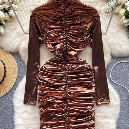 Load image into Gallery viewer, French Solid Elegant Office Ruched Holiday Party Wrapped Hip Mini Dress Women Short Pleated Zipper Evening Dress Popular Autumn
