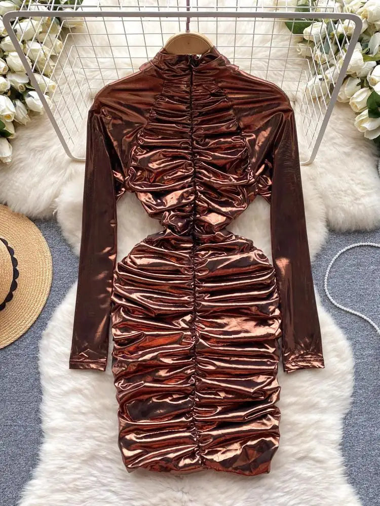 French Solid Elegant Office Ruched Holiday Party Wrapped Hip Mini Dress Women Short Pleated Zipper Evening Dress Popular Autumn