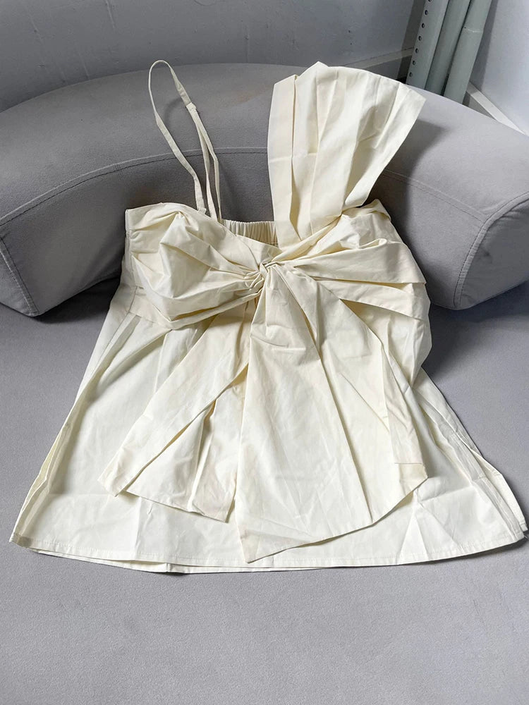 Women Apricot Bow Spliced Elegant Blouse New Skew Collar Short Sleeve Shirt Fashion Tide Spring Summer 2025 1DJ1488