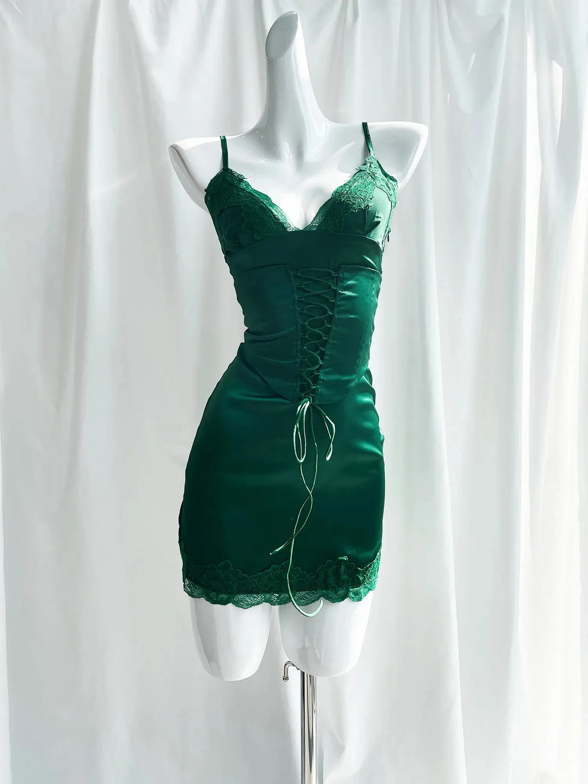 Green Spaghetti Strap Mini Dress Sexy Satin A Line Party Dress with Detachable Corset Women Clothing